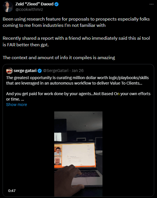 Zeid uses research feature for proposals - says it is FAR better than GPT